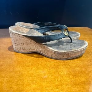Tory Burch Thora Black Patent Cork Wedge Logo Sandal